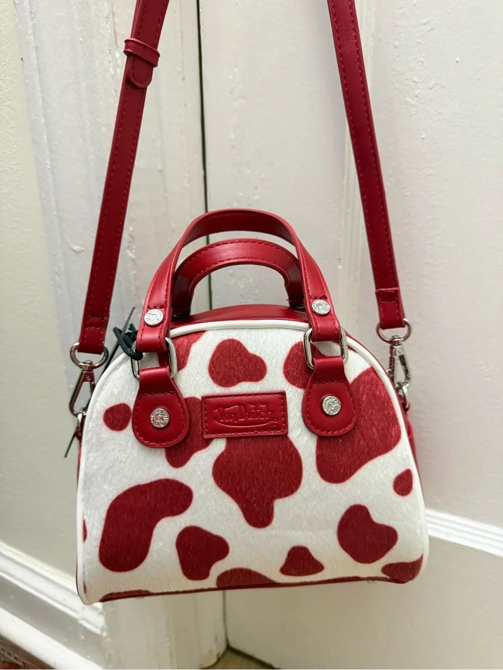 Von Dutch Red & White Cow-Print Mini Dome Crossbody